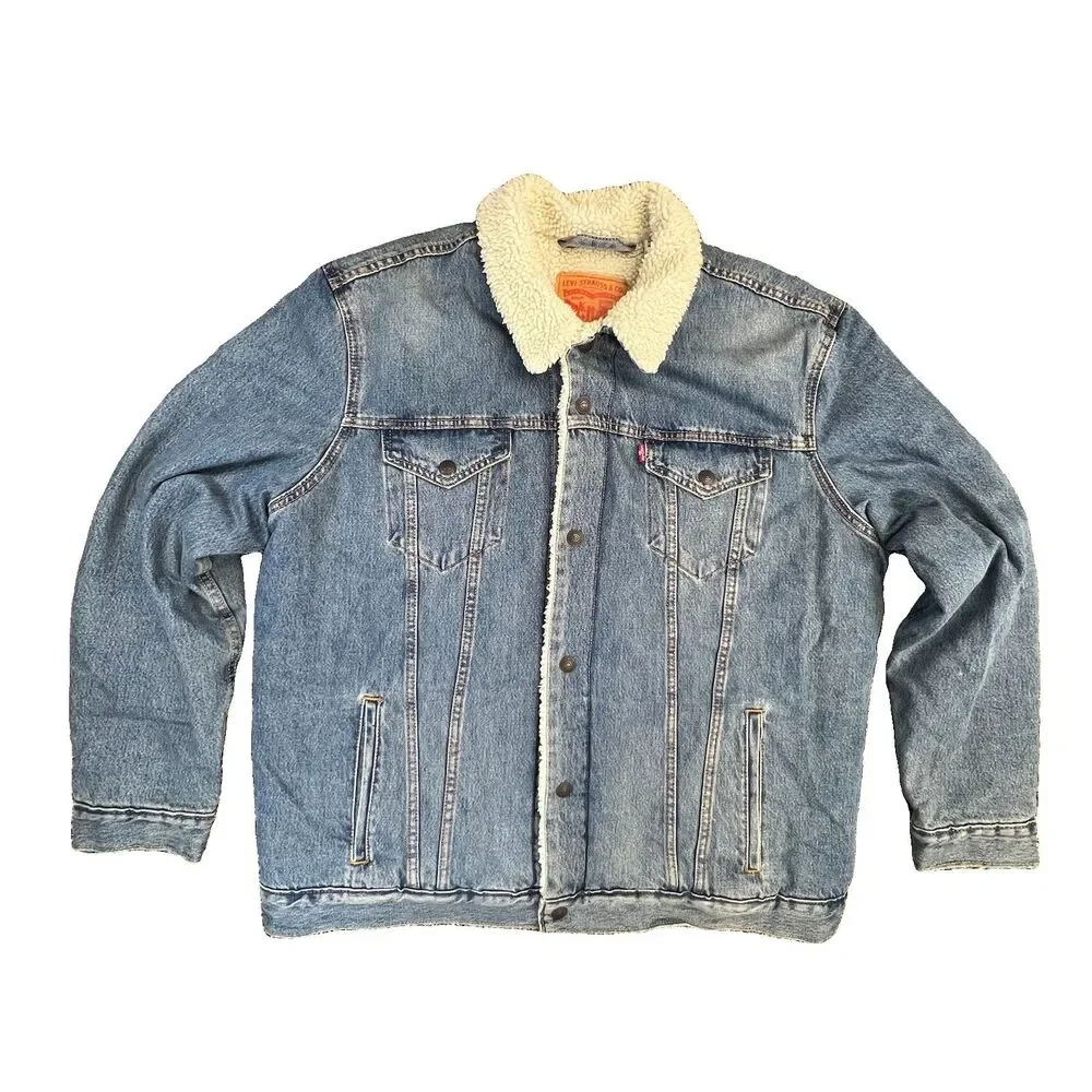 Levis Denim Jacket Adult XXL 2XL Blue Sherpa Lined Trucker Red Tab Fleece Men